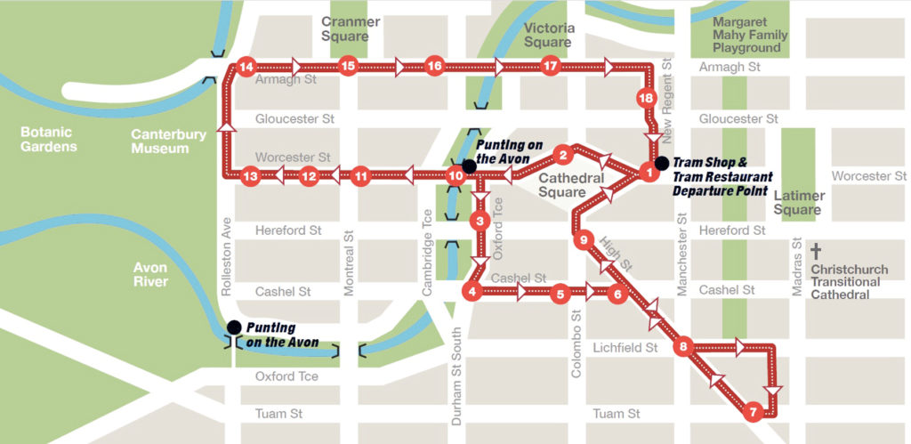 Christchurch hop-on hop-off Christchurch Tram map 基督城復古電車地圖